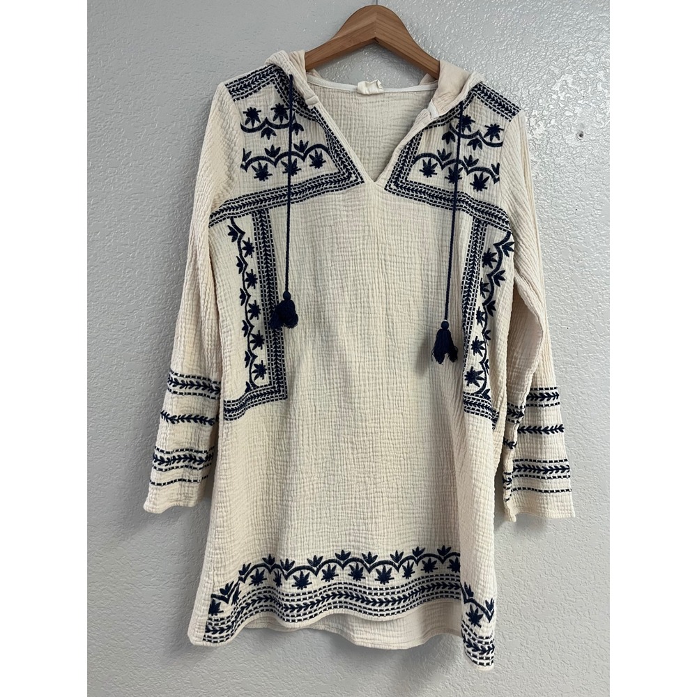 Three Bird Nest Embroidered Gauze Tunic Dress Cream Navy Boho Hooded Tassel